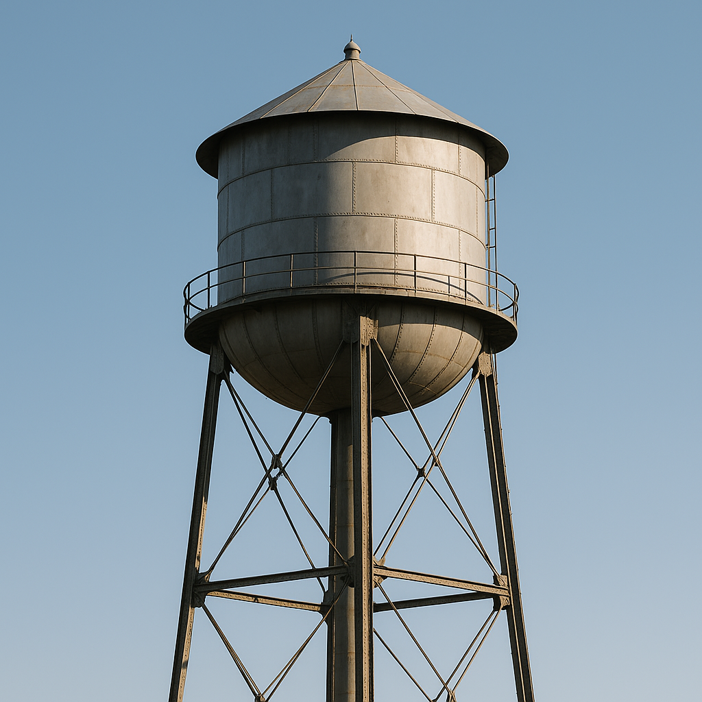 Een watertoren: het hoogteverschil tussen het waterreservoir en de grond werkt als "drukbron", vergelijkbaar met de spanning van een elektrische bron