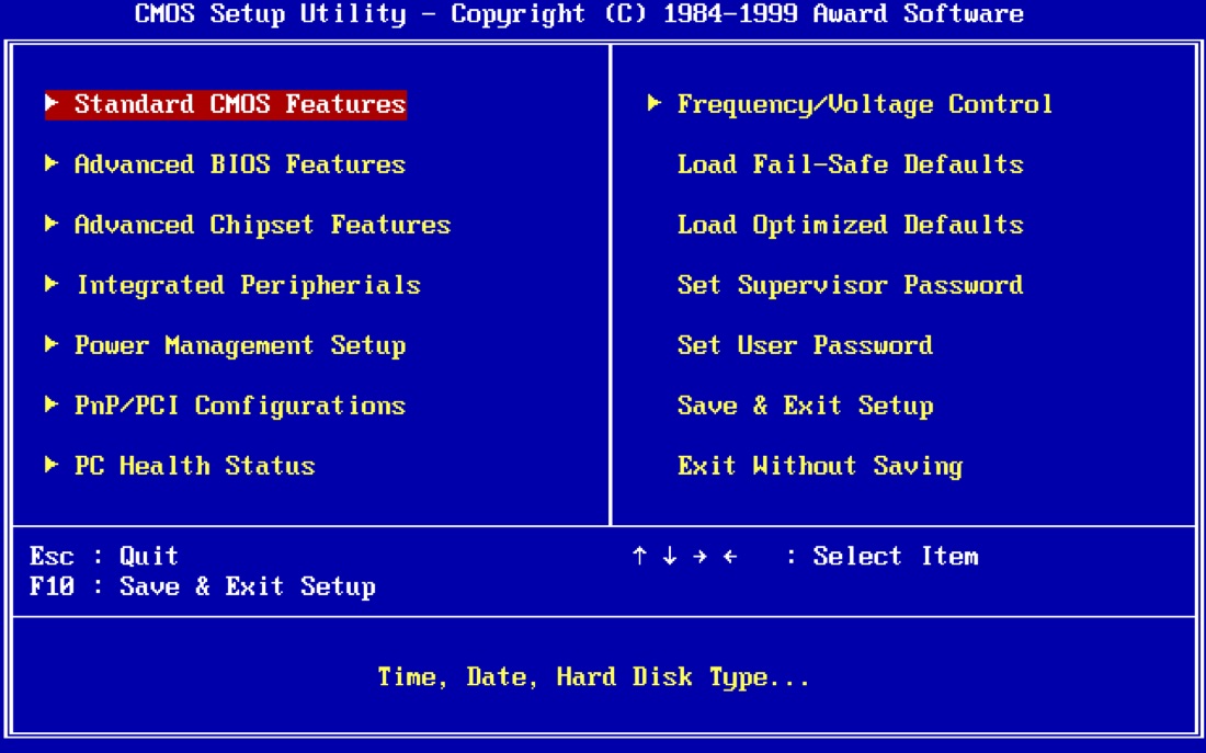 Een klassiek BIOS-setupscherm (tekstgebaseerd). Moderne UEFI-schermen hebben een grafische interface met muisbediening.